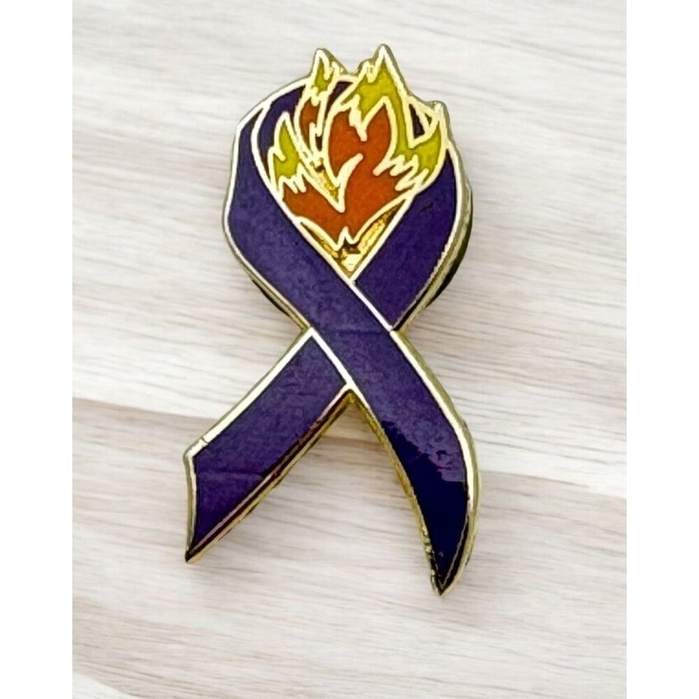 Wildland Firefighter Foundation Enamle Pin Purple Ribbon with Flames Lapel Hat - Picture 1 of 7